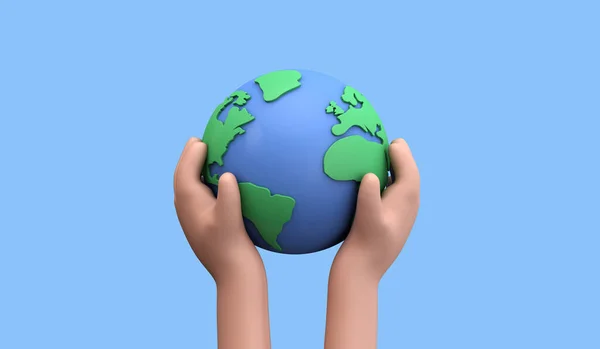 Cartoon-Stil Hand hält einen Planeten Erde. Earth Day Konzept. 3D Render — Stockfoto