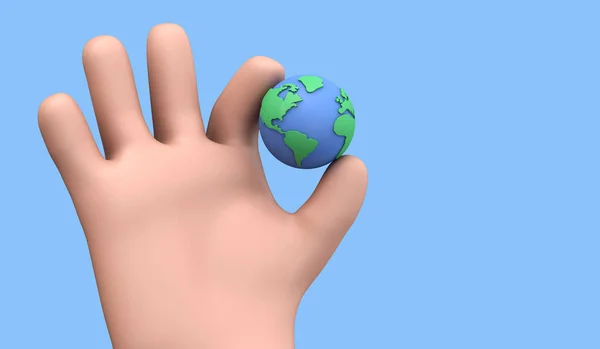 Cartoon stijl hand houden van een planeet aarde. Aardse dag concept. 3D Render — Stockfoto