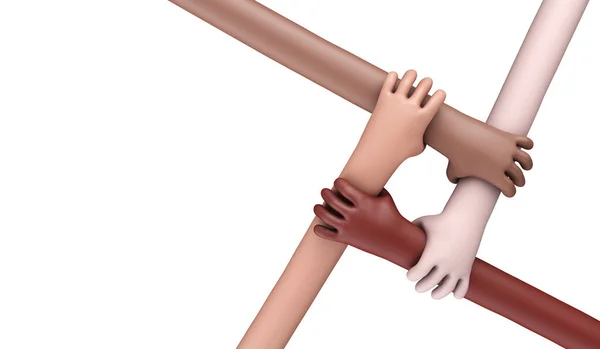 En grupp olika händer som håller varandra i handen. Affärspartnerskap. 3D-återgivning — Stockfoto