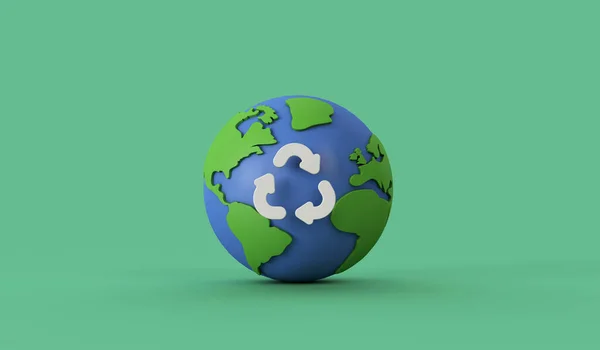 Wereldwijde recycling. Aardemodel met een recycle symbool. 3d destructie — Stockfoto