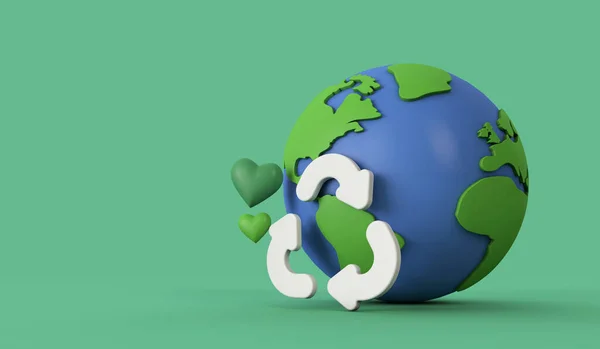 Global återvinning. Jordmodell med en återvinningssymbol. 3d-konvertering — Stockfoto