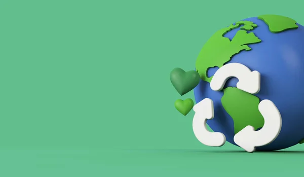 地球規模のリサイクル。リサイクルシンボルを持つ地球モデル。3Dレンダリング — ストック写真