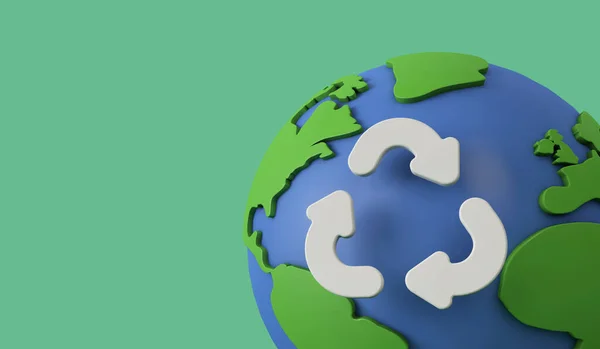Globalny recykling. Model ziemski z symbolem recyklingu. 3d renderowanie — Zdjęcie stockowe