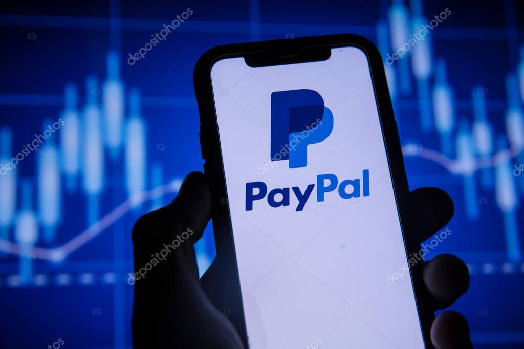 LONDON, UK - August 2021: Paypal finance service logo on a smartphone.