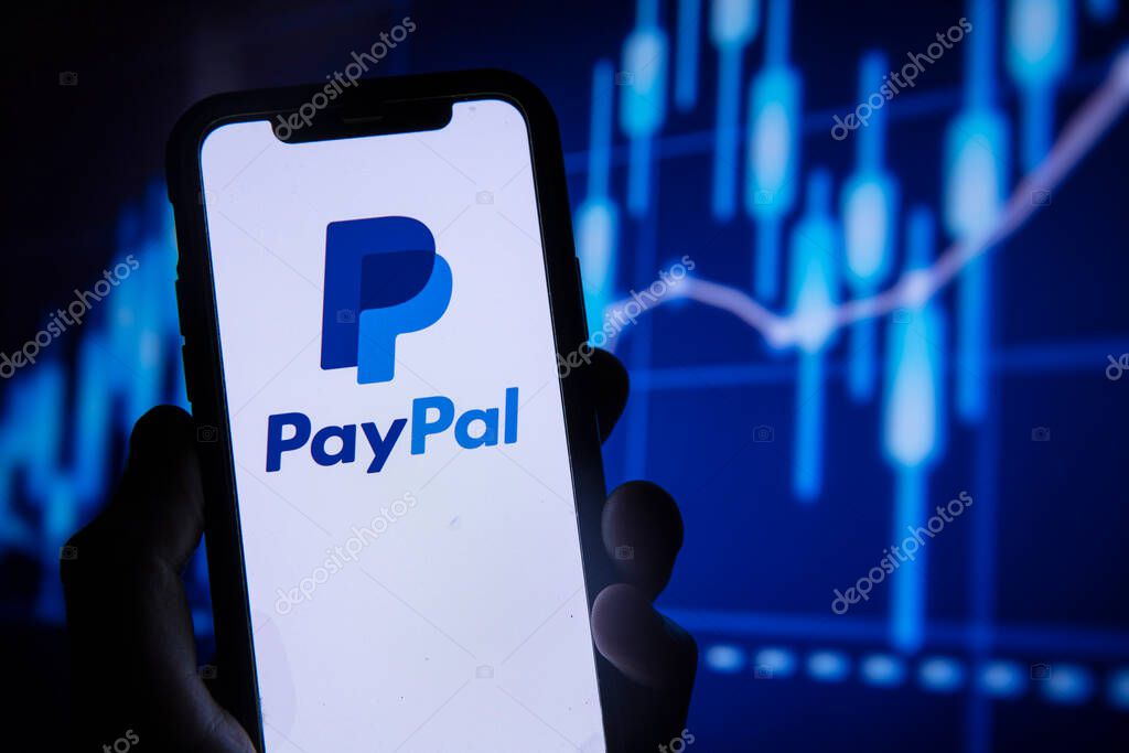 LONDON, UK - August 2021: Paypal finance service logo on a smartphone.