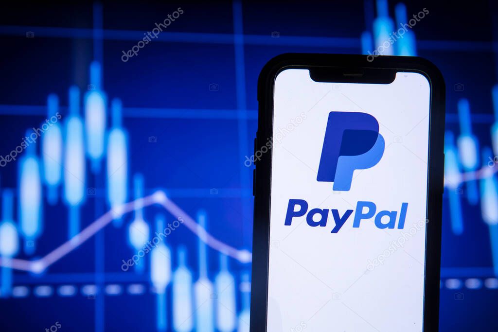 LONDON, UK - August 2021: Paypal finance service logo on a smartphone.