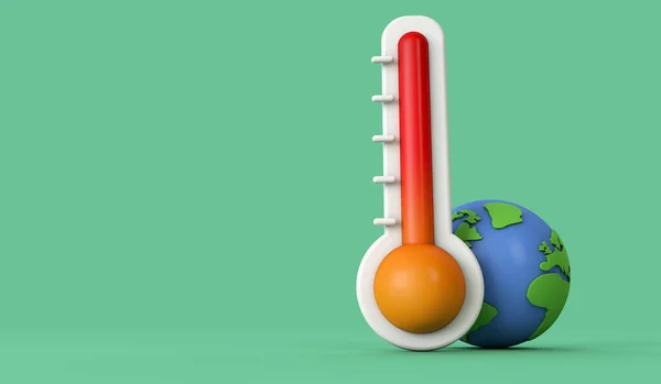 Aumento das temperaturas globais. Modelo terrestre com termómetro. Renderização 3D — Fotografia de Stock