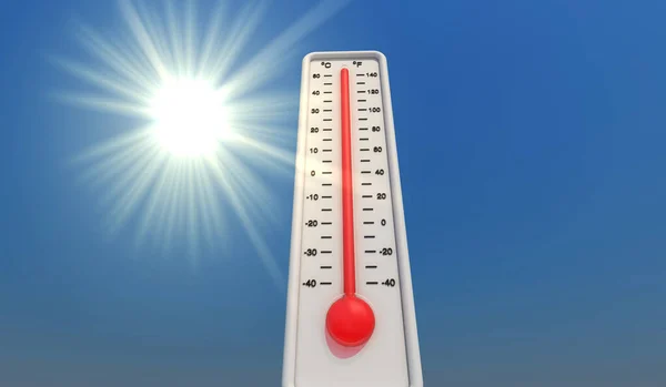 Global warming concept. Thermometer under bright summer sun. 3D Render — Stock Photo, Image