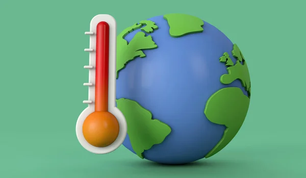 Αύξηση της παγκόσμιας θερμοκρασίας. Μοντέλο της Γης με θερμόμετρο. 3D αποτύπωση — Φωτογραφία Αρχείου