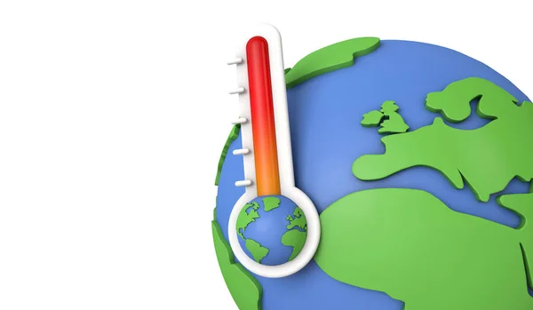 Η ιδέα της υπερθέρμανσης του πλανήτη. Θερμόμετρο με γήινο μοντέλο. 3D αποτύπωση — Φωτογραφία Αρχείου