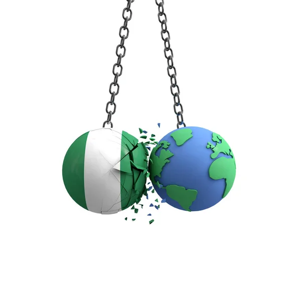 Bola bandera de Nigeria golpea el planeta tierra. Concepto de impacto ambiental. Renderizado 3D — Foto de Stock