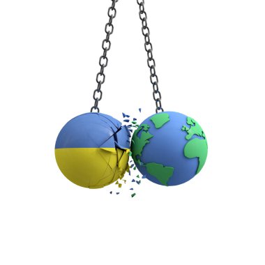 Ukrayna bayrak topu dünyaya çarpıyor. Çevresel etki kavramı. 3B Hazırlama