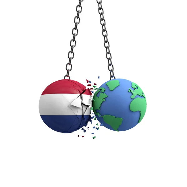 Bola bandeira holandesa atinge planeta Terra. Conceito de impacto ambiental. Renderização 3D — Fotografia de Stock