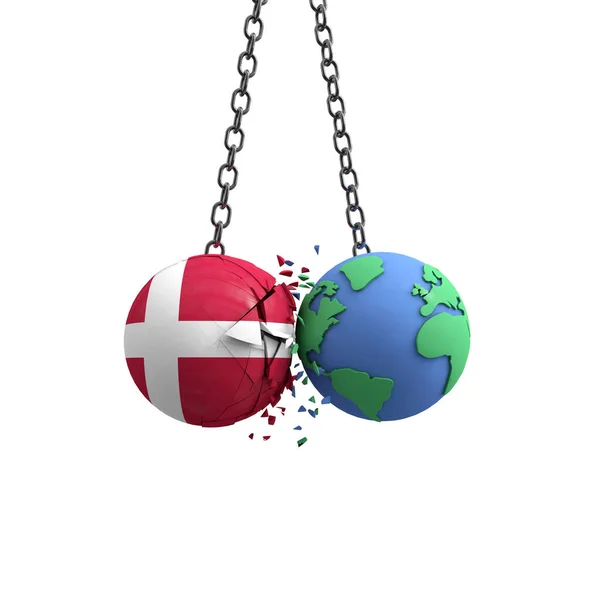 Danmark flaggan bollen träffar planeten jorden. Koncept för miljöpåverkan. 3D-Render — Stockfoto