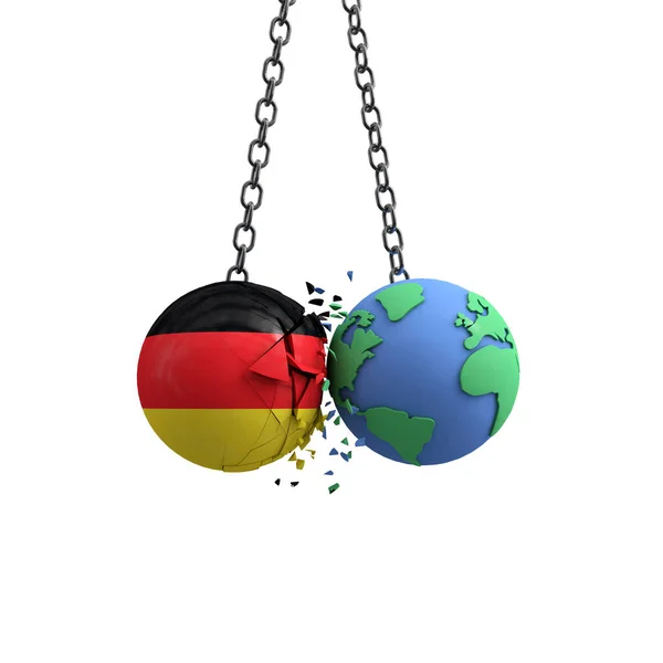 A bola da bandeira alemã atinge o planeta Terra. Conceito de impacto ambiental. Renderização 3D — Fotografia de Stock