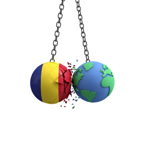 Rumänien flaggan bollen träffar planeten jorden. Koncept för miljöpåverkan. 3D-Render — Stockfoto