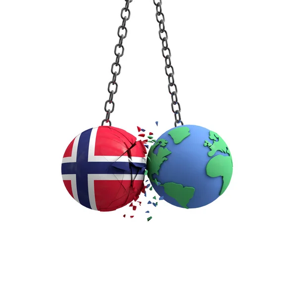 La bola de bandera de Noruega golpea el planeta tierra. Concepto de impacto ambiental. Renderizado 3D — Foto de Stock