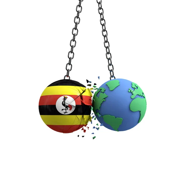 La palla bandiera ugandese colpisce il pianeta terra. Il concetto di impatto ambientale. Render 3D — Foto Stock