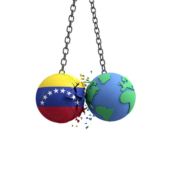 Venezuelas flagga bollen träffar planeten jorden. Koncept för miljöpåverkan. 3D-Render — Stockfoto