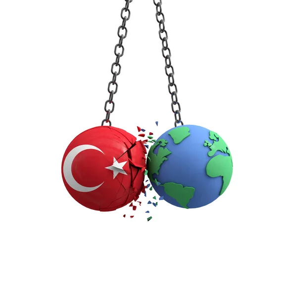 Turkey flag ball hits planet earth. Environmental impact concept. 3D Render — Stock Photo, Image