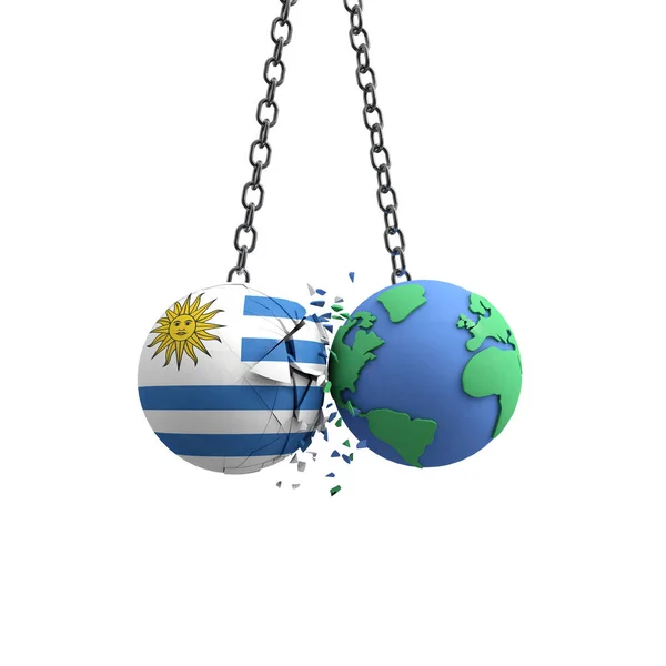 Piłka flagowa Urugwaju uderza w Ziemię. Koncepcja oddziaływania na środowisko. Renderowanie 3D — Zdjęcie stockowe