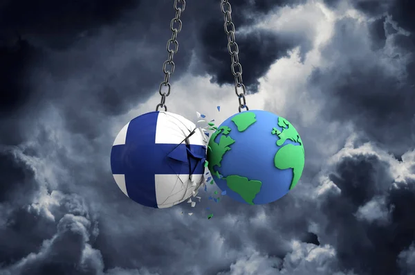Finlandia bandiera palla fracasso sul pianeta terra. Impatto globale e concetto di disastro. Render 3D — Foto Stock