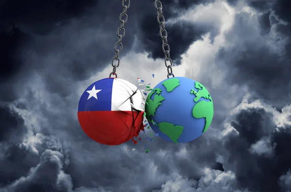 Chilská vlajková koule naráží do planety Země. Globální dopad a koncepce katastrof. 3D vykreslení — Stock fotografie