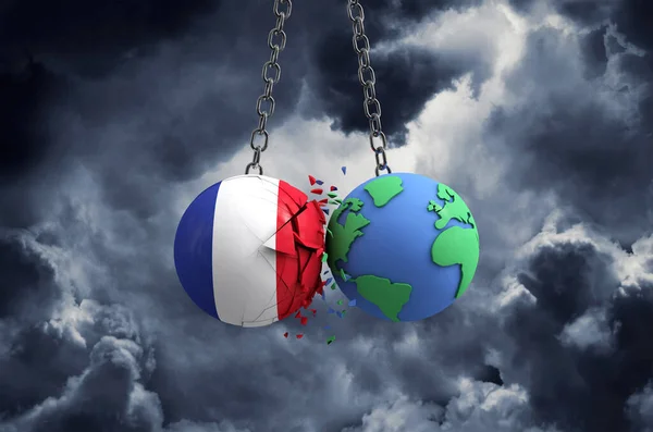 La balle du drapeau de France s'écrase sur la planète Terre. Impact global et concept de catastrophe. Expéditeur 3D — Photo
