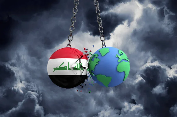 Iracka kula flagowa uderzająca w Ziemię. Globalny wpływ i koncepcja katastrofy. Renderowanie 3D — Zdjęcie stockowe