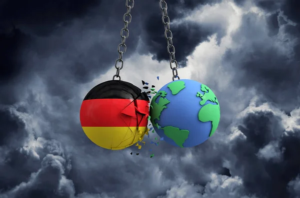 Alemanha bandeira bola esmagando no planeta Terra. Impacto global e conceito de desastre. Renderização 3D — Fotografia de Stock