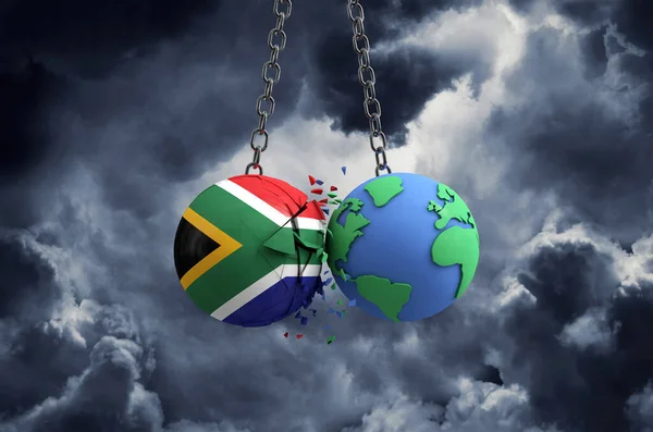 Dél-Afrika zászlólabdája becsapódik a Föld bolygóba. Globális hatás és katasztrófa koncepció. 3D Render — Stock Fotó