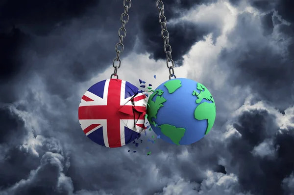 Об'єднаний прапор Великої Британії розбивається об планету Земля. Глобальний вплив і катастрофа. 3D Render — стокове фото