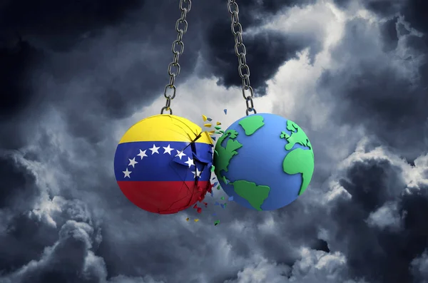 Venezuelas flagga bollen krossas i planeten jorden. Begreppet global påverkan och katastrof. 3D-Render — Stockfoto