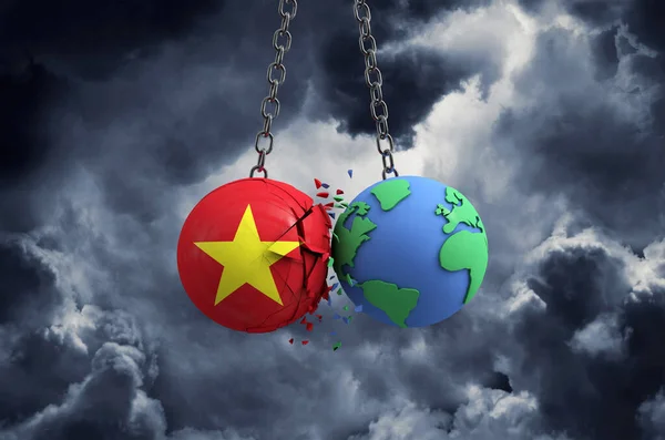 越南国旗球砸向地球。全球影响和灾害概念。3D渲染 — 图库照片