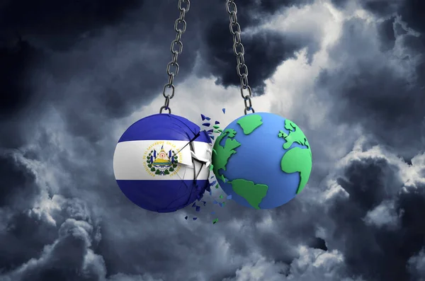 El Salvador flag ball smashing into planet earth. Global impact and disaster concept. 3D Render — Stock Photo, Image