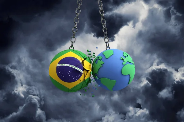 Bandeira do Brasil esmaga o planeta Terra. Impacto global e conceito de desastre. Renderização 3D — Fotografia de Stock