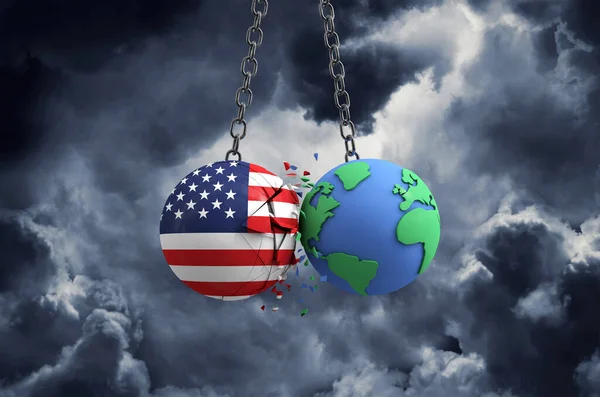 USA flag ball smashing into planet earth. Global impact and disaster concept. 3D Render — Stock Photo, Image