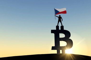 Bir bitcoin kripto para sembolünün üzerinde duran bir Czech cumhuriyet bayrağı sallayan kişi. 3B Hazırlama