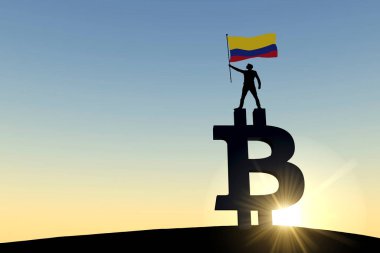 Bir bitcoin kripto para sembolünün üzerinde duran Kolombiya bayrağı sallayan kişi. 3B Hazırlama