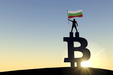 Bitcoin kripto para sembolünün üzerinde duran bir bulgaria bayrağı sallayan kişi. 3B Hazırlama