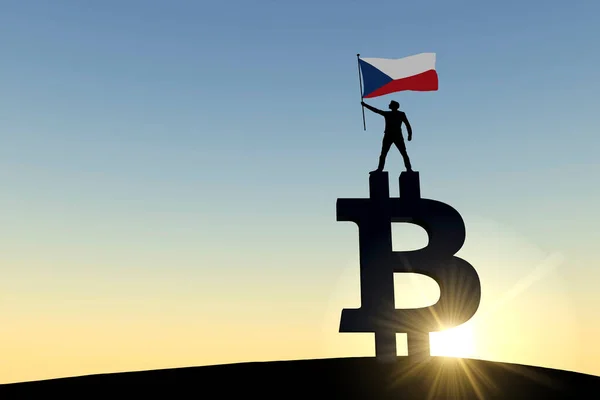 Person waving a czech republic flag standing on top of a bitcoin cryptocurrency symbol. 3D Rendering — Stock Photo, Image