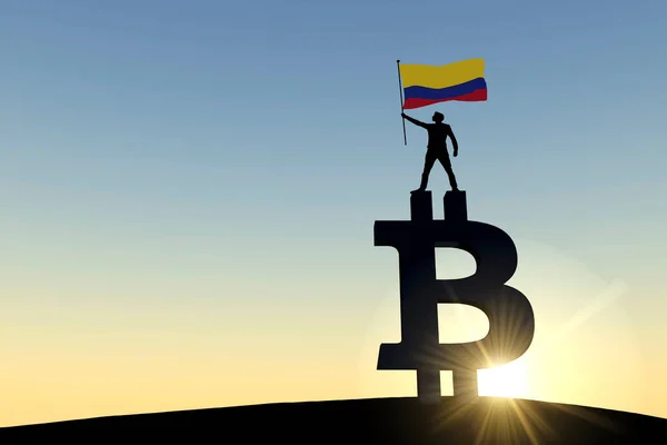 Πρόσωπο που κυματίζει σημαία Κολομβίας και στέκεται στην κορυφή ενός συμβόλου κρυπτογράφησης bitcoin. 3D απόδοση — Φωτογραφία Αρχείου