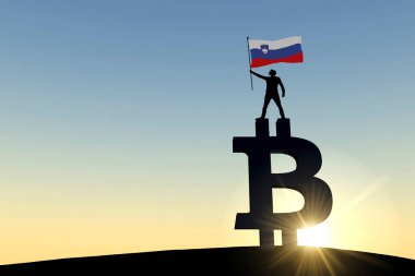 Bitcoin kripto para sembolünün üzerinde duran bir slovenia bayrağı sallayan kişi. 3B Hazırlama