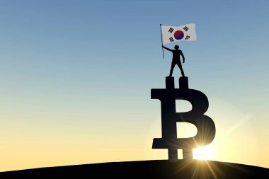 Güney Kore bayrağını sallayan biri bitcoin kripto para sembolünün üstünde duruyor. 3B Hazırlama