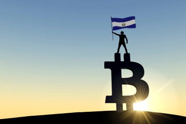 Bitcoin kripto para sembolünün üzerinde duran bir el salvador bayrağı sallayan kişi. 3B Hazırlama