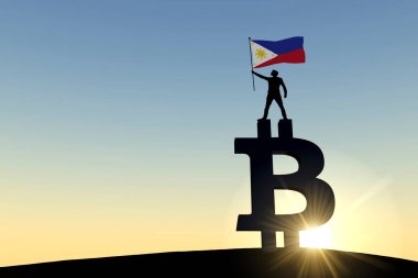 Bir bitcoin kripto para sembolünün üzerinde Filipinler bayrağı sallayan kişi. 3B Hazırlama