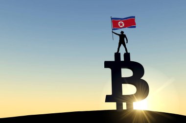 Bir bitcoin kripto para sembolünün üzerinde duran bir Kuzey Kore bayrağı sallayan kişi. 3B Hazırlama