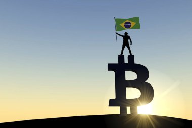Bir bitcoin kripto para sembolünün üzerinde Brezilya bayrağı sallayan kişi. 3B Hazırlama