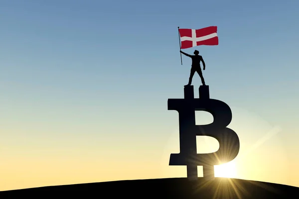 Persona che sventola una bandiera denmark in piedi su un simbolo di criptovaluta bitcoin. Rendering 3D — Foto Stock