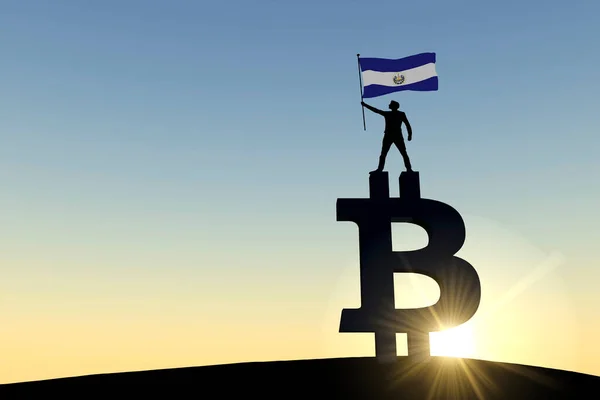 Pessoa acenando uma bandeira el salvador em cima de um símbolo criptomoeda bitcoin. Renderização 3D — Fotografia de Stock